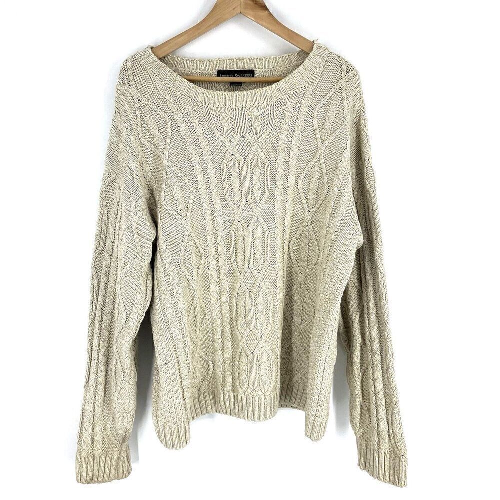 Vintage Liberty Sweaters Size Large Mens Ivory Cable Knit Chunky Fisherman Rory
